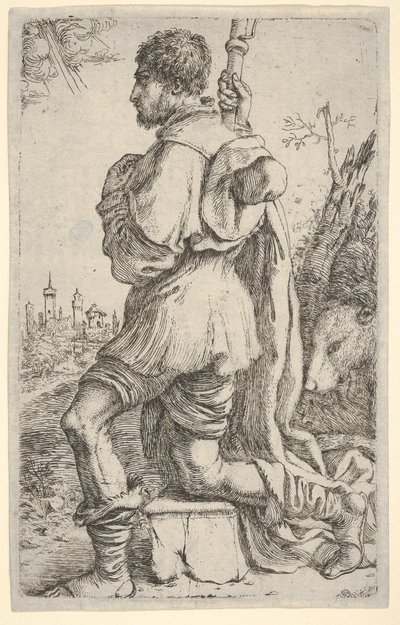 Sint Rochus, knielend op een steen, gezien vanaf de zijkant met zijn hond achter hem en een stad door Giuseppe Caletti