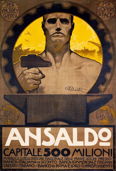 Werker met hamer en aambeeld, poster van Ansaldo van Genua voor de inschrijving van nieuwe aandelen door Giuseppe Palanti