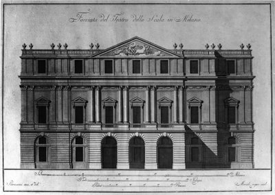 Tekening van de buitenarchitectuur van de gevel van het Teatro alla Scala in Milaan, gerealiseerd door Giuseppe Piermarini (1734-1808) door Giuseppe Piermarini