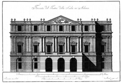 Tekening van de buitenarchitectuur van de gevel van het Teatro alla Scala (Theater de la Scala) in Milaan, gerealiseerd door Giuseppe Piermarini (1734-1808) door Giuseppe Piermarini