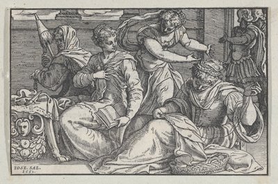 Lucretia die haar dochters lesgeeft in handwerken, 1557 door Giuseppe Porta