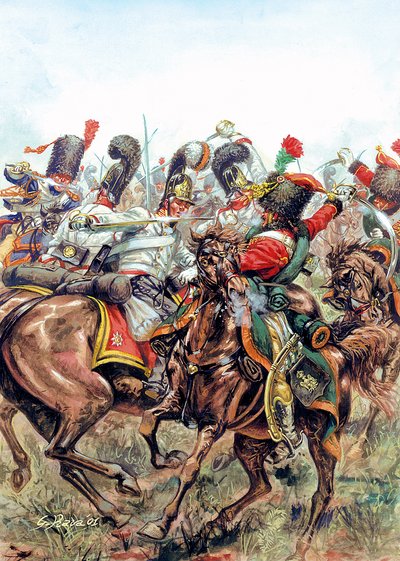 Slag bij Austerlitz op 2/12/1805, slag tussen de soldaten van het Grote Leger en de Russen en Oostenrijkers - Slag bij Austerlitz, 2 december 1805, tussen het leger van Napoleon I tegen Russische en Oostenrijkse legers - Illustratie door Giuseppe Rava door Giuseppe Rava