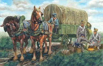 Eerste Keizerrijk: de wagen die het voedsel van het Franse regiment vervoert - Eerste keizerrijk: Franse koets voor het transport van voedsel - Illustratie door Giuseppe Rava door Giuseppe Rava