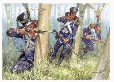 Eerste Keizerrijk: Licht infanteriesoldaten in het bos - Illustratie door Giuseppe Rava door Giuseppe Rava