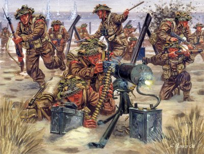 Tweede Wereldoorlog: Landing in Normandië in juni 1944, Engelse soldaten - WOII: Normandië landingen, de Britse troepen, 6 juni 1944 - Illustratie door Giuseppe Rava door Giuseppe Rava