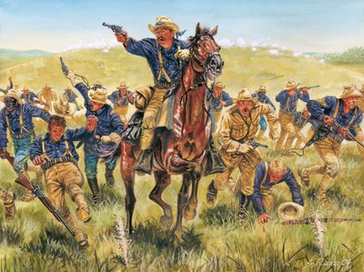 Spaans-Amerikaanse Oorlog of Cubaanse Onafhankelijkheidsoorlog (1868-1898) tussen Spanje en Noord-Amerika: portret van Amerikaanse soldaat en politicus Theodore Roosevelt (1858-1919) die met de Rough Riders in Cuba chargeert - Spaans-Amerikaanse Oorlog (Cu door Giuseppe Rava