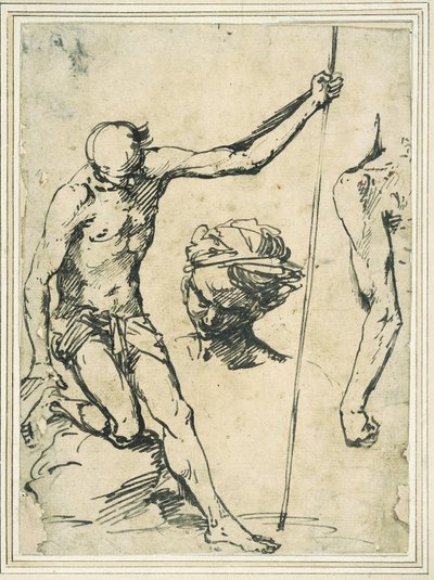 Figurenstudies: man met een paal, hoofd van een man met een tulband, en een linkerarm gezien van achteren door Giuseppe Ribera