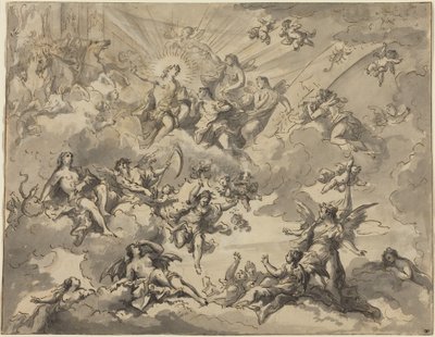 Apollo en de Muzen (pen en zwarte inkt met grijs gewassen over grafiet op geschept papier) door Giuseppe Valeriani