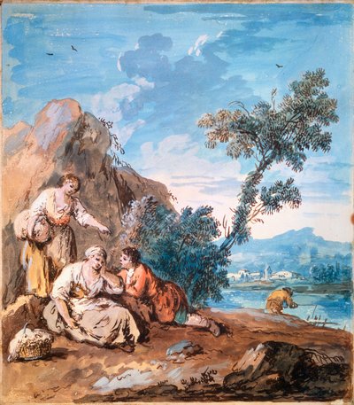 Drie boeren rustend aan een rivier, ca. 1750 door Giuseppe Zais
