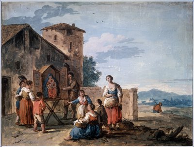 Een groep boeren voor een tabernakel met het Madonna-beeld door Giuseppe Zais
