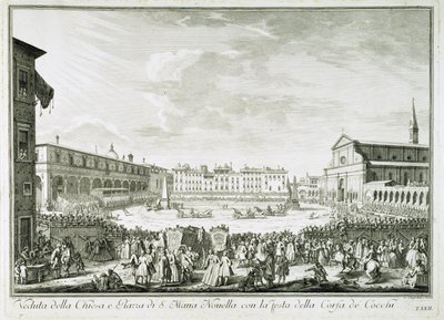 Festa della Corsa dei Cocchi op het Piazza Santa Maria Novella. Het feest van Corsa dei Cocchi plein van de Kerk van Santa Maria Novella in Florence. Tekening door Giuseppe Zocchi. Firenze, Biblioteca Riccardiana. door Giuseppe Zocchi