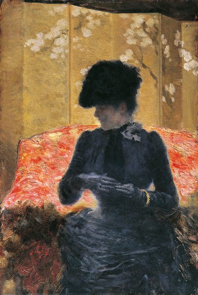 Vrouw op rode sofa door Giuseppe or Joseph de Nittis