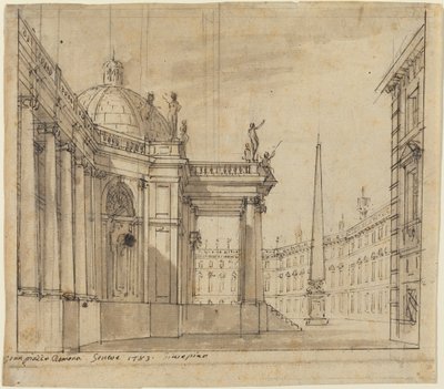 Toneelontwerp: Een Piazza met een Koepelkerk en een Obelisk door Giuseppino Galliari