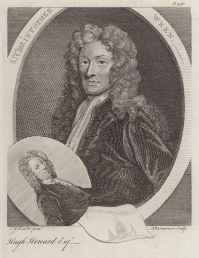 Sir Christopher Wren, Engelse architect, en Hugh Howard, Engelse kunstenaar en verzamelaar (gravure) door Godfrey (after) Kneller