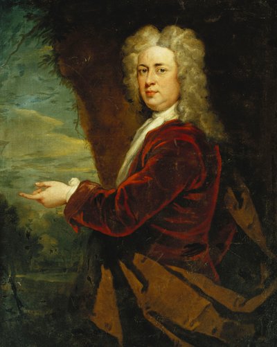 Portret van een Heer, Halflang, Dragend een Rood Fluwelen Jasje en een Bruine Mantel in een Park door Godfrey Kneller