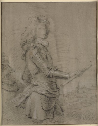 Driekwart portret van een commandant in harnas en met een staf in zijn rechterhand. Op de achtergrond een landschap met een stad door Godfrey Kneller