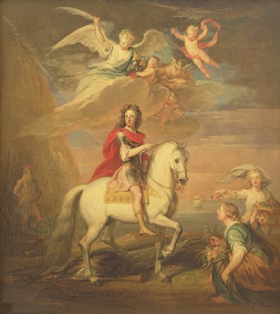 Willem III op een grijze hengst geobserveerd door Neptunus, Ceres en Flora. Mercurius in de lucht en Astrea door Godfrey Kneller