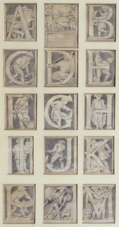 A-M, ontwerp voor dertien letters voor het Alfabet voor het South Kensington Museum door Godfrey Sykes