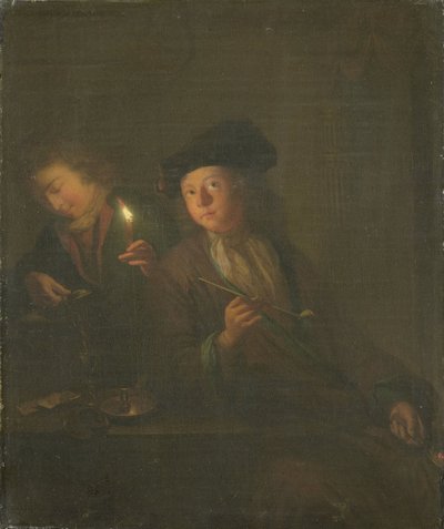 De roker (Een man met een pijp en een man die een drankje in een glas schenkt) door Godfried Schalcken (attributed to)