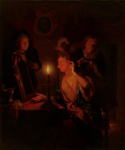 Dame bij een spiegel bij kaarslicht door Godfried Schalcken
