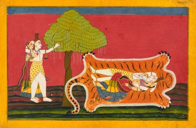 Shiva en Parvati op een tijgervel: Anakul Nayaka folio uit een Rasamanjari, ca. 1710 - ca. 1715 door Golu