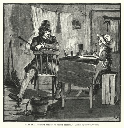 De kleine dienaar had geen tweede uitnodiging nodig (gravure) door Gordon Frederick (after) Browne
