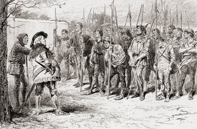 Een scène uit William Shakespeares toneelstuk Henry IV, Deel 1, Act IV, Scene 2, Falstaffs gehavende regiment, uit De Werken van William Shakespeare, gepubliceerd 1896 door Gordon Frederick Browne
