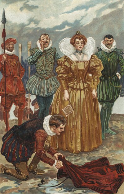 Sir Walter Raleigh biedt zijn mantel aan aan koningin Elizabeth I door Gordon Frederick Browne