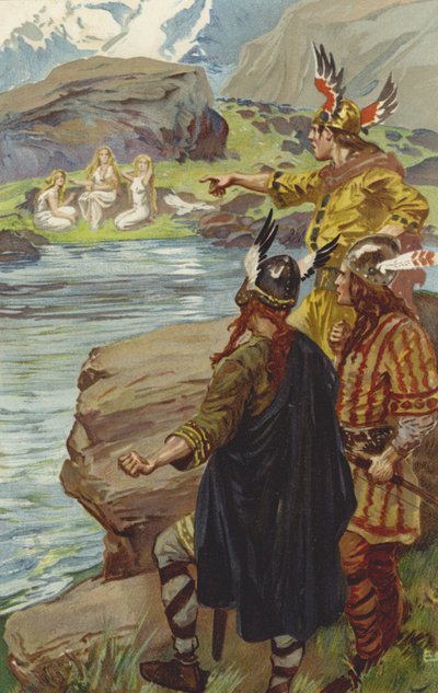 Ze zagen aan de rand van het meer drie meisjes zitten en vlas spinnen door Gordon Frederick Browne
