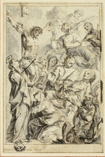 Stervende man wordt getroost door Christus aan het kruis, Maagd en heiligen door Gottfried Bernhard Goetz