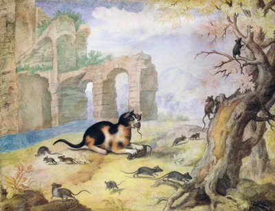 Kat die muizen doodt in een landschap door Gottfried Mind or Mindt