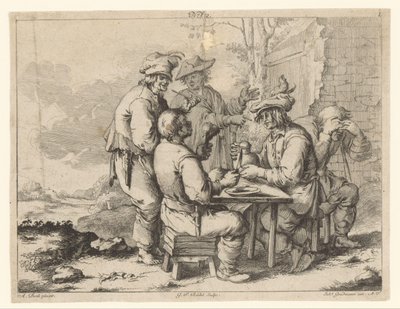 Vijf boeren aan tafel in de buitenlucht (Landelijke gezelligheid) door Gottlieb Friedrich Riedel