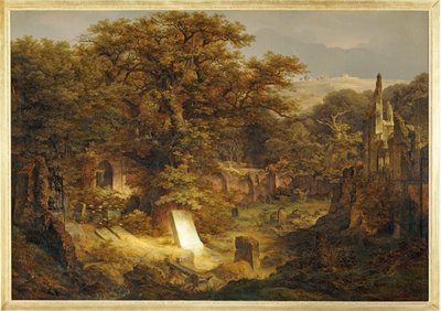 Landschap met grafsteen en ruïnes ... door Govaert Flinck