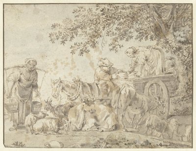 Boeren en vee bij een boerenwagen door Govert Dircksz. Camphuysen (possibly)