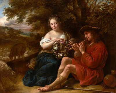 Dutch: Herderin luisterend naar fluitspelende herder in een arcadisch landschap Elegant Shepherdess Listening to a Shepherd Playing the Recorder in an Arcadian Landscape door Govert Flinck
