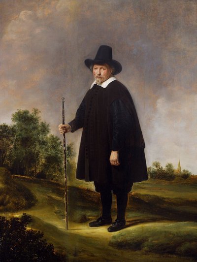 Portret van een man tegen een landschap door Govert Flinck