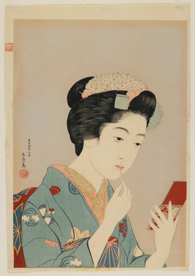 Vrouw Brengt Lip Rouge Aan, Taisho-periode, februari 1920 (kleur houtsnede) door Goyo Hashiguchi