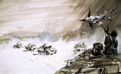Een konvooi van vijf zware vrachtwagens die de Egyptische zandzee oversteken worden aangevallen door een vijandelijk vliegtuig (gouache op papier) door Graham Coton