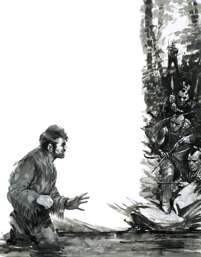 Alexander Mackenzie wordt bedreigd door Indianen terwijl hij door een rivier waadt door Graham Coton