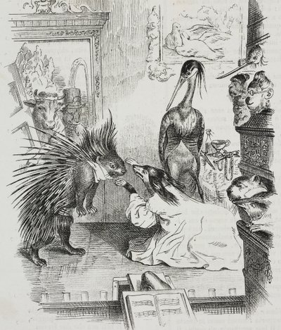 Hond en stekelvarken, karikatuur door Jean-Jacques Grandville (1803-1847), lithografie door Giovanni Mariani uit Poliorama Pittoresco, nr. 38, 30 april door Grandville