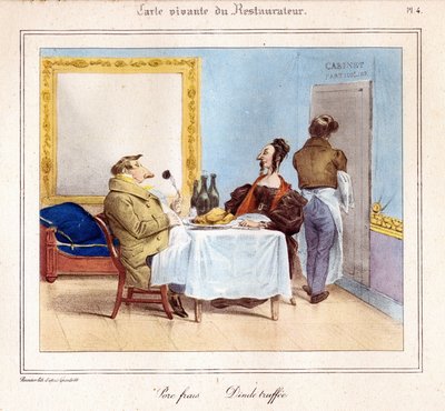 De levende kaart van de Restaurateur: Vers varkensvlees & truffel kalkoen. 1831-32 (lithografie) door Grandville