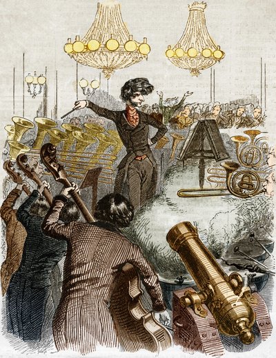 Een concert heeft een machinegeweer. Cartoon door Hector Berlioz die een orkest dirigeert. In 