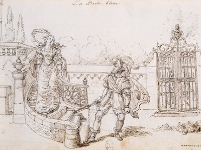 Blauwbaard, illustratie voor sprookje van Charles Perrault (1628-1703), gravure door Grandville (1803-1847) door Grandville