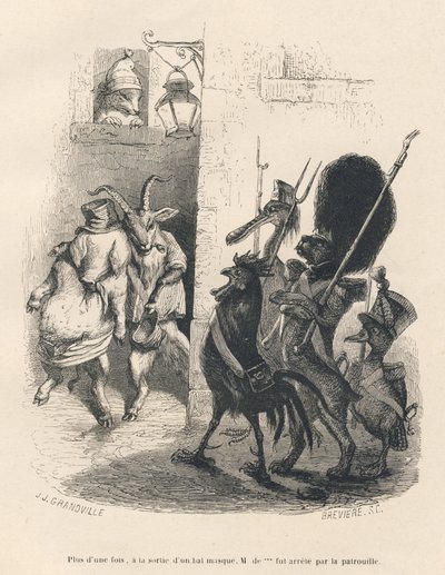 Varken en geit dronken kruisen een patrouille bestaande uit een hond, een haan, een eend en een pelikaan. Vignetten geïllustreerd door JJ Granville. Gravure gesigneerd Breviere in het deel "Herinneringen van een krokodil" geschreven door Emile de La Bedoll door Grandville