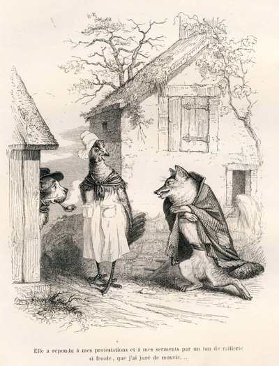 Gesprek tussen een hond, een kip en een vos. Vignetten geïllustreerd door JJ Granville. Gravure gesigneerd Godard in het deel 
