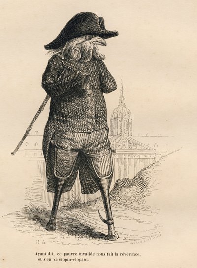 Invalide haan voor het Hôtel des Invalides in Parijs. Geïllustreerde vignetten door JJ Granville. Gravure gesigneerd door Andrew, Best en Leloir in het deel getiteld "De dierenartsen" geschreven door Pierre Bernard in "Scènes uit het privé- en openbare lev door Grandville