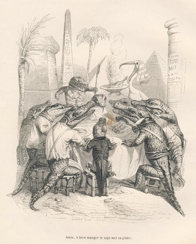Krokodillen rond een tafel in Egypte door Grandville