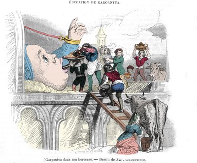 Gargantua personage uit de romans van Francois Rabelais (1483-1553), Franse schrijver: "De opvoeding van Gargantua" Gargantua in zijn wieg. Illustratie door Gerard Grandville (1803-1847) 19e eeuw door Grandville