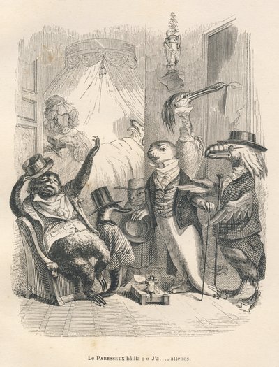 De luiaard geeuwde terwijl hij wachtte. Geïllustreerde vignetten door JJ Granville. Gravure gesigneerd Godard in het deel "De dierenartsen" geschreven door Pierre Bernard in "Scènes uit het privé- en openbare leven van dieren". Parijs, J. Hetzel en Paulin door Grandville