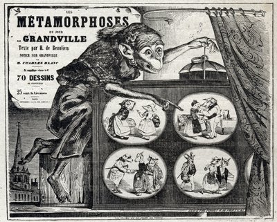 Literatuur. De dagelijkse metamorfose, door de karikaturist Jean Jacques Grandville. Poster, Frankrijk door Grandville